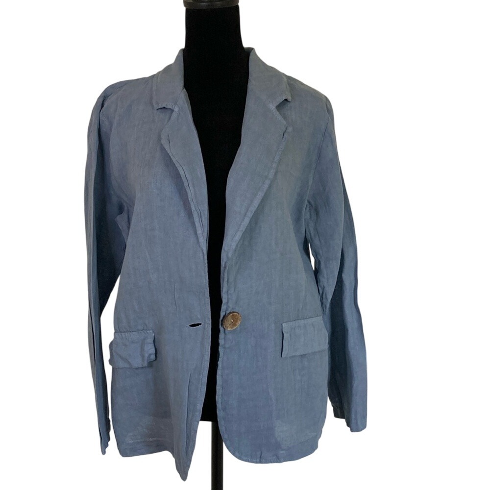 GIGI Moda‎ Women's Blue Linen One Button Blazer Size M Summer Career Coastal